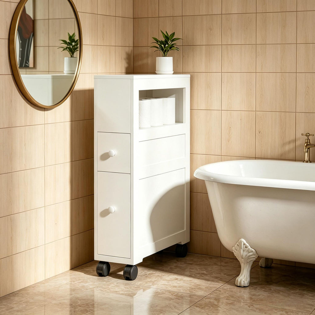 White Rolling Bathroom Cabinet with Open Shelf and Drawers