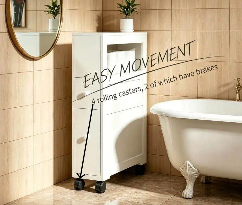 White Rolling Bathroom Cabinet with Open Shelf and Drawers