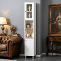 White Wooden Tall Bathroom Storage Cabinet with Mirror – Freestanding Tower with Adjustable Shelves