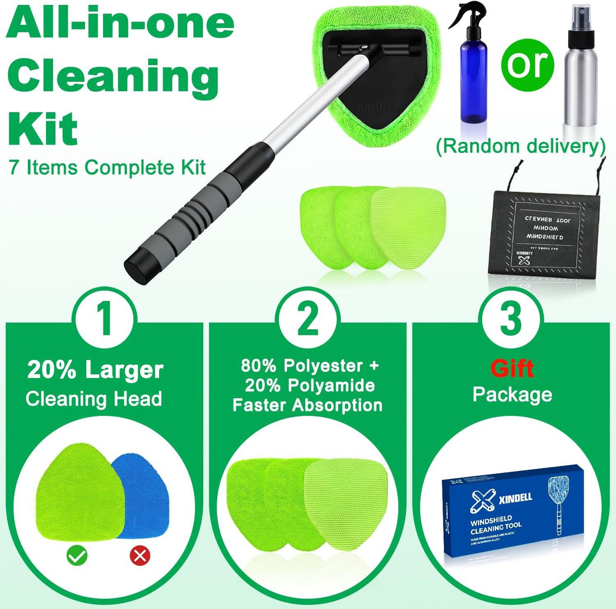 Car & Home Window Cleaning Kit with Extendable Handle & Microfiber Pads