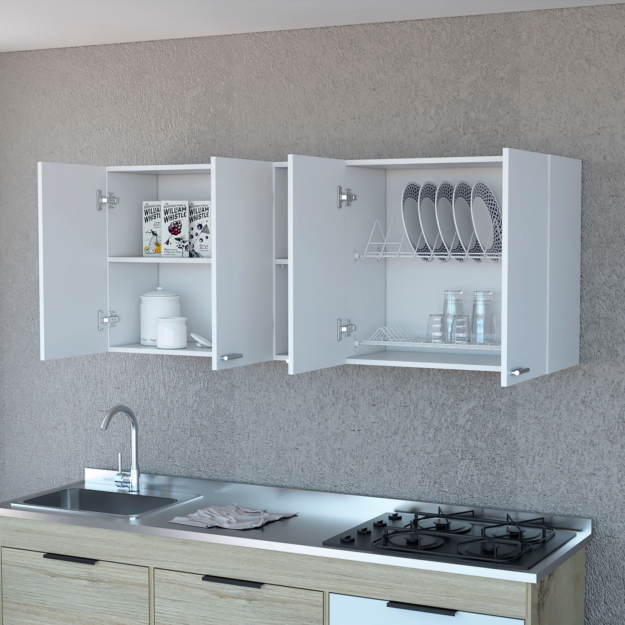 Winslow Wall Cabinet - Four Doors, Dish Rack, Open Shelves