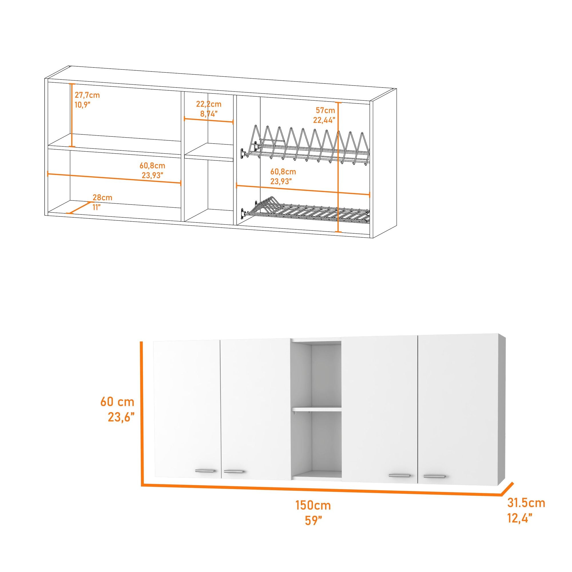 Winslow Wall Cabinet - Four Doors, Dish Rack, Open Shelves
