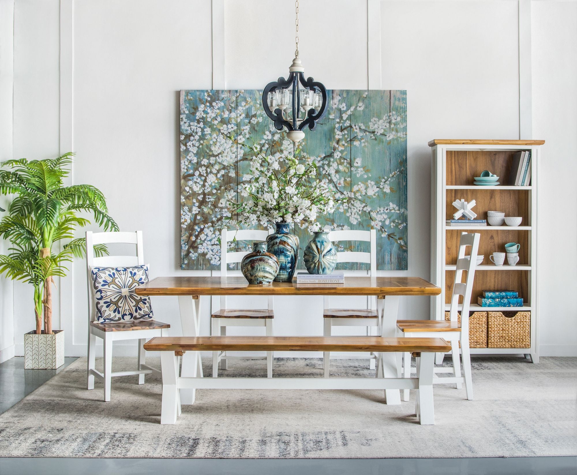 Blue Wooden 6-Light Chandelier with White Accents - Vintage Farmhouse Style
