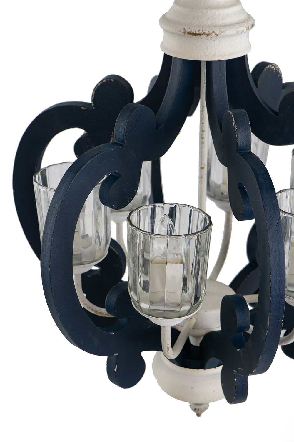 Blue Wooden 6-Light Chandelier with White Accents - Vintage Farmhouse Style