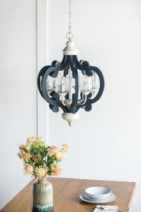 Blue Wooden 6-Light Chandelier with White Accents - Vintage Farmhouse Style