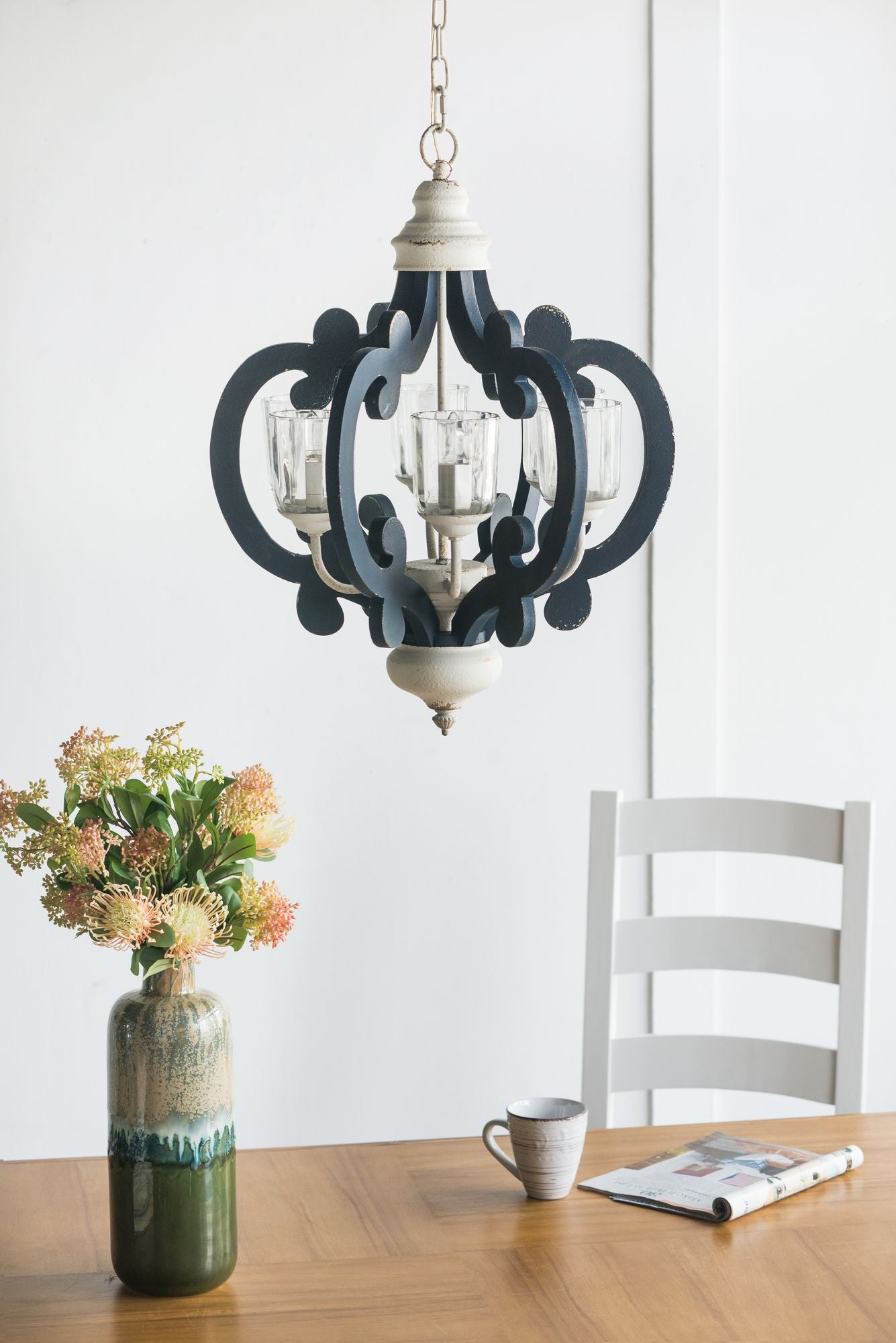 Blue Wooden 6-Light Chandelier with White Accents - Vintage Farmhouse Style