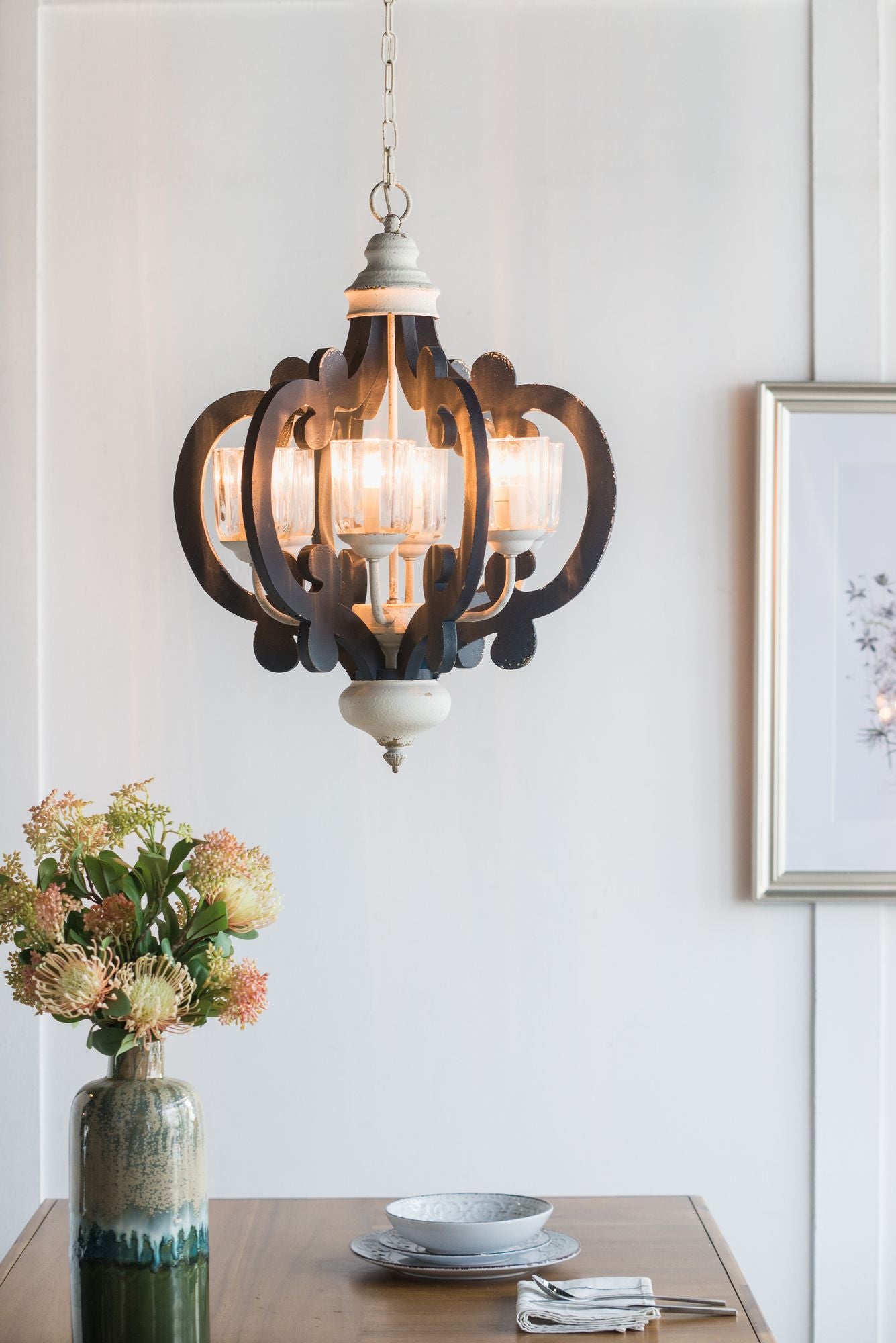 Blue Wooden 6-Light Chandelier with White Accents - Vintage Farmhouse Style
