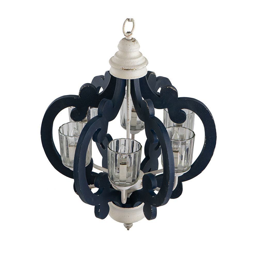 Blue Wooden 6-Light Chandelier with White Accents - Vintage Farmhouse Style