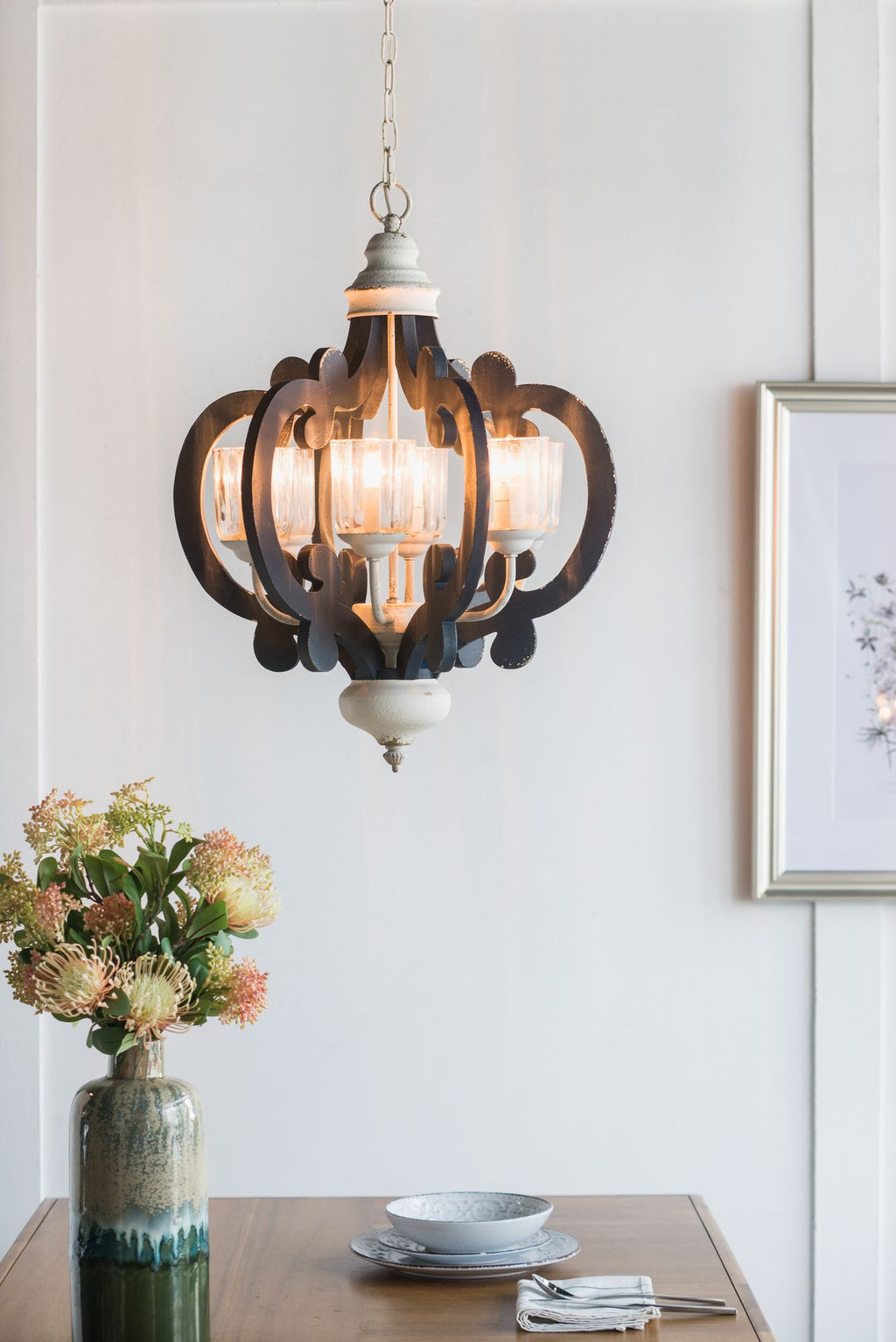 Blue Wooden 6-Light Chandelier with White Accents - Vintage Farmhouse Style