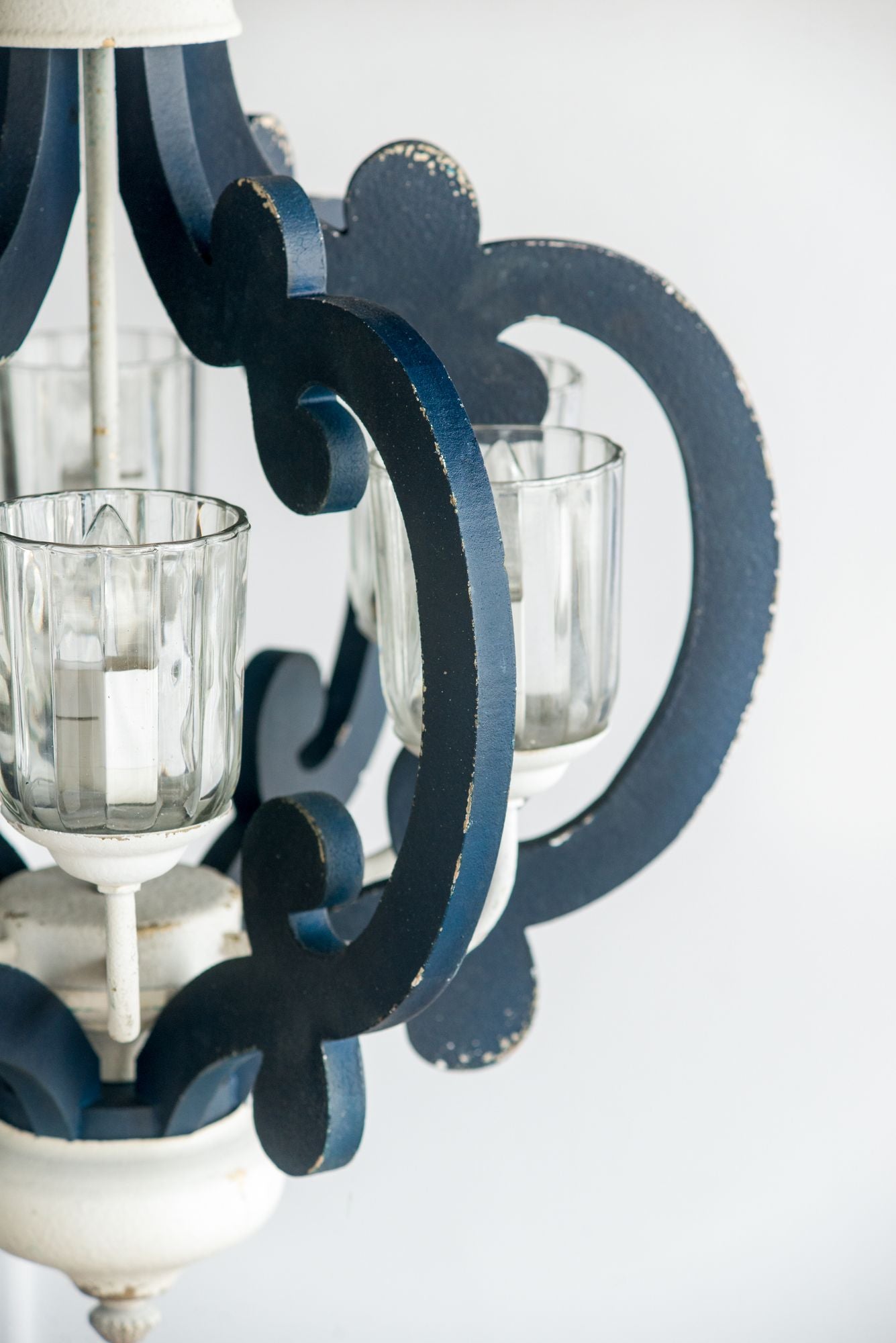 Blue Wooden 6-Light Chandelier with White Accents - Vintage Farmhouse Style