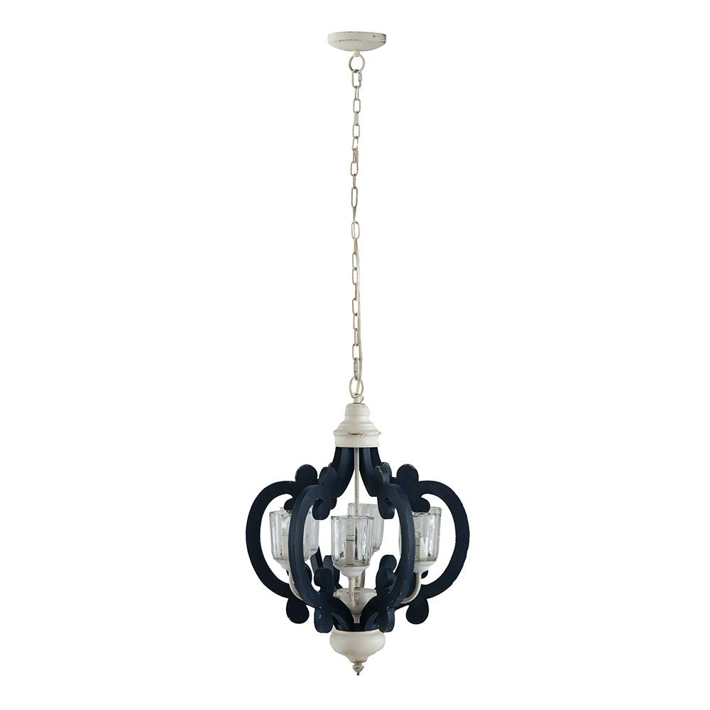 Blue Wooden 6-Light Chandelier with White Accents - Vintage Farmhouse Style