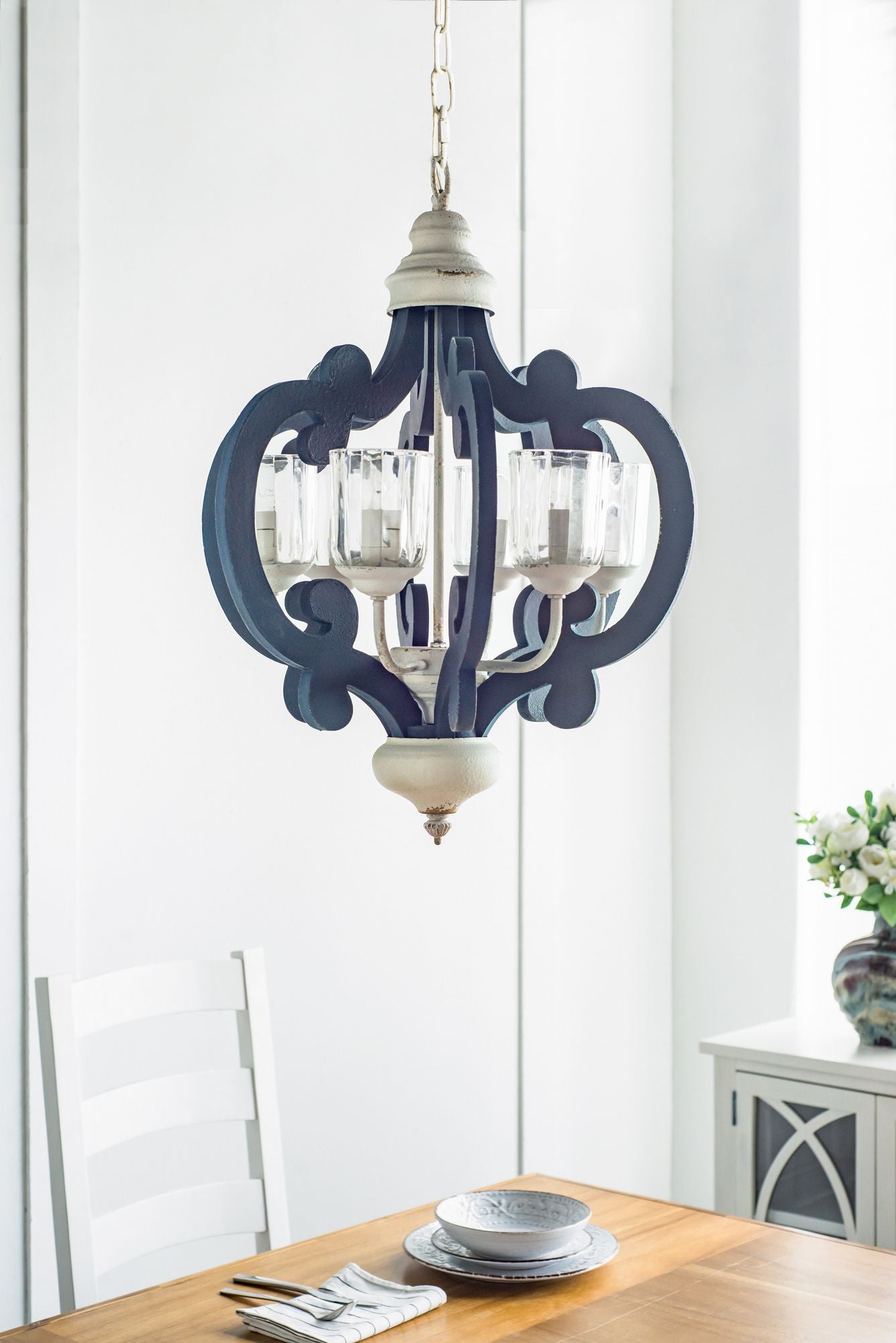 Blue Wooden 6-Light Chandelier with White Accents - Vintage Farmhouse Style