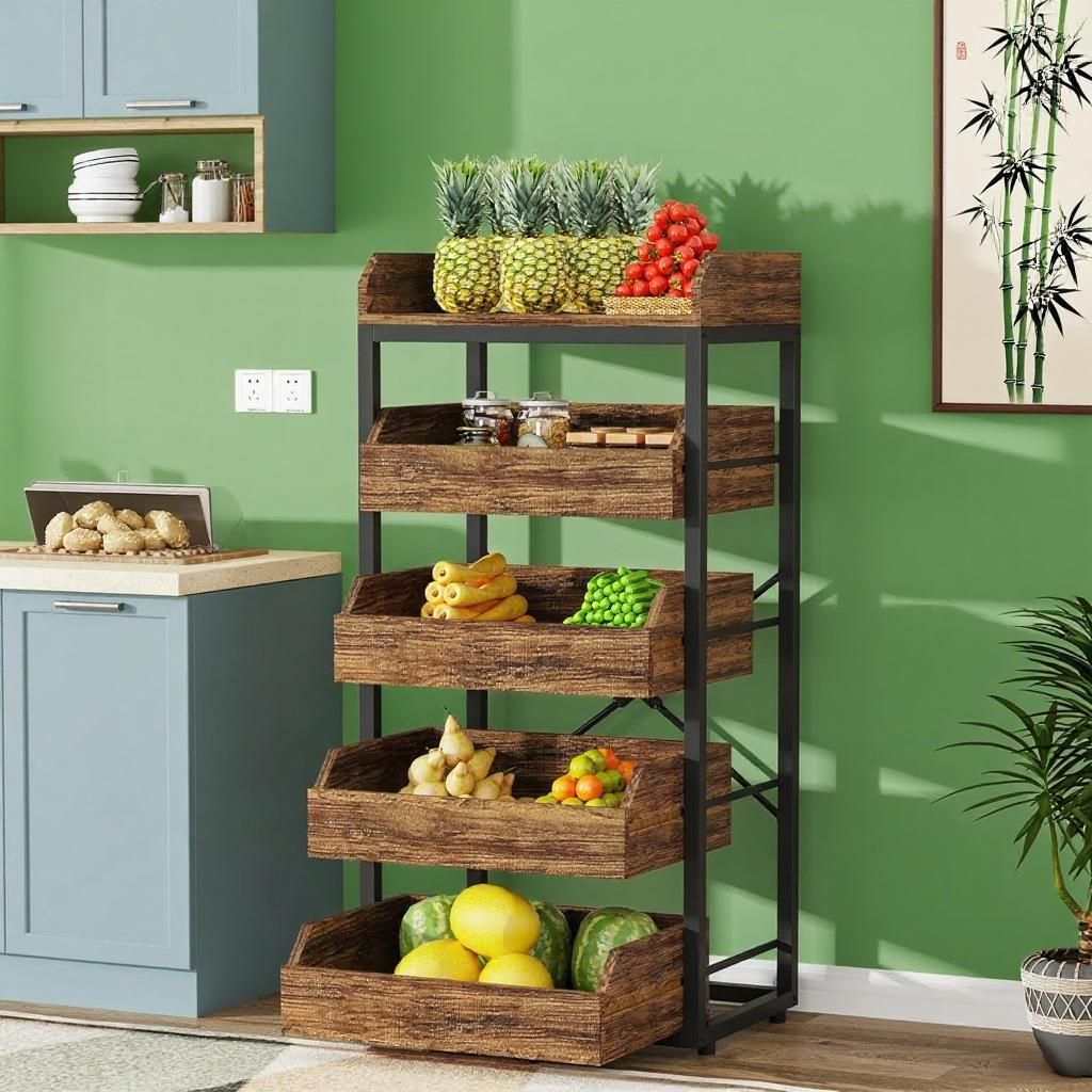 Tribesigns Wood Fruit Rack, Brown Finish