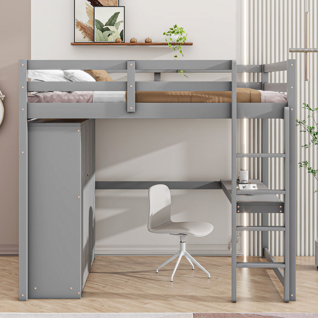 Full-Size Loft Bed with Wardrobe, Desk, Shelves, and Drawers