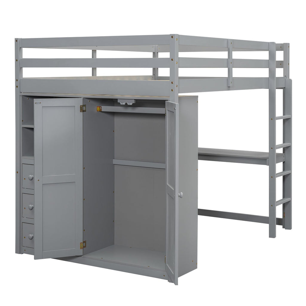 Full-Size Loft Bed with Wardrobe, Desk, Shelves, and Drawers