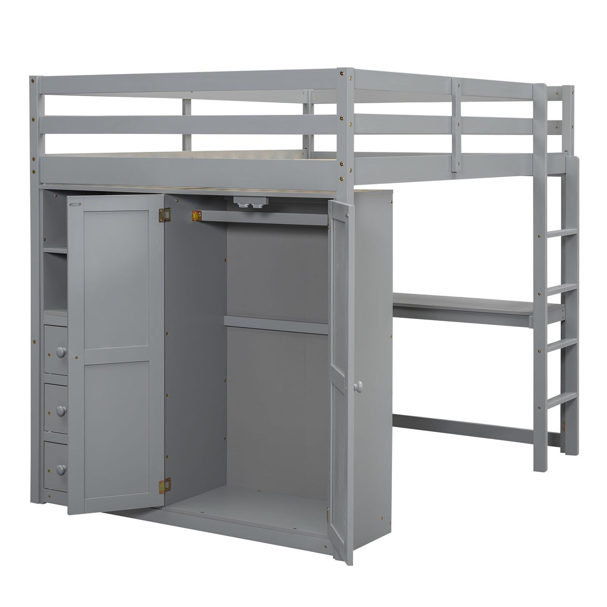 Full-Size Loft Bed with Wardrobe, Desk, Shelves, and Drawers