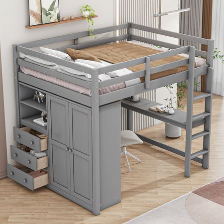 Full-Size Loft Bed with Wardrobe, Desk, Shelves, and Drawers