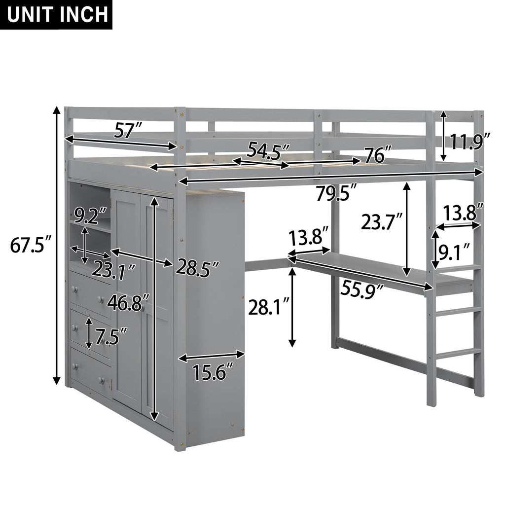 Full-Size Loft Bed with Wardrobe, Desk, Shelves, and Drawers