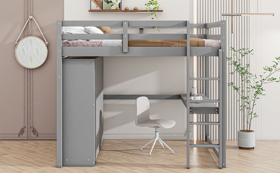Full-Size Loft Bed with Wardrobe, Desk, Shelves, and Drawers