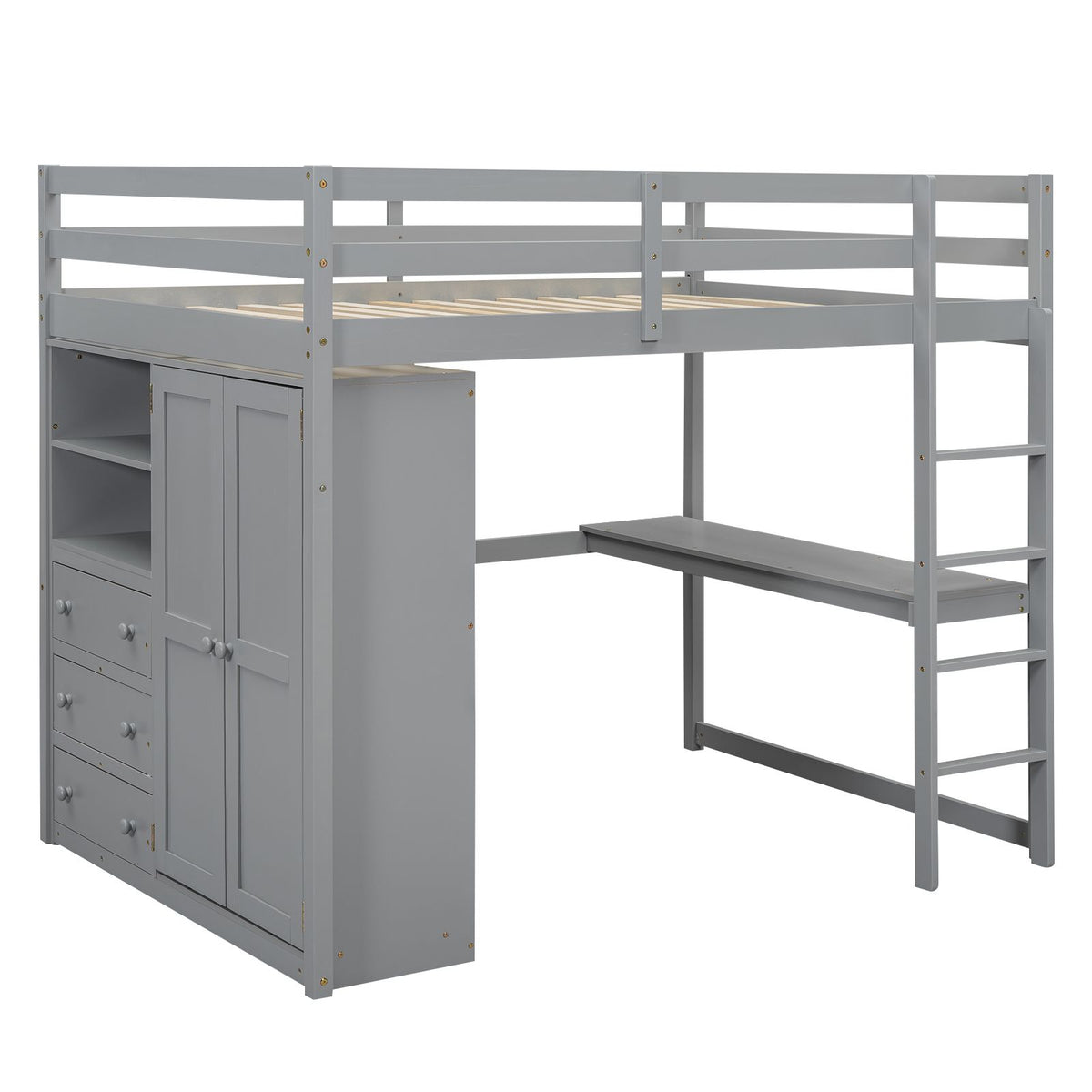 Full-Size Loft Bed with Wardrobe, Desk, Shelves, and Drawers