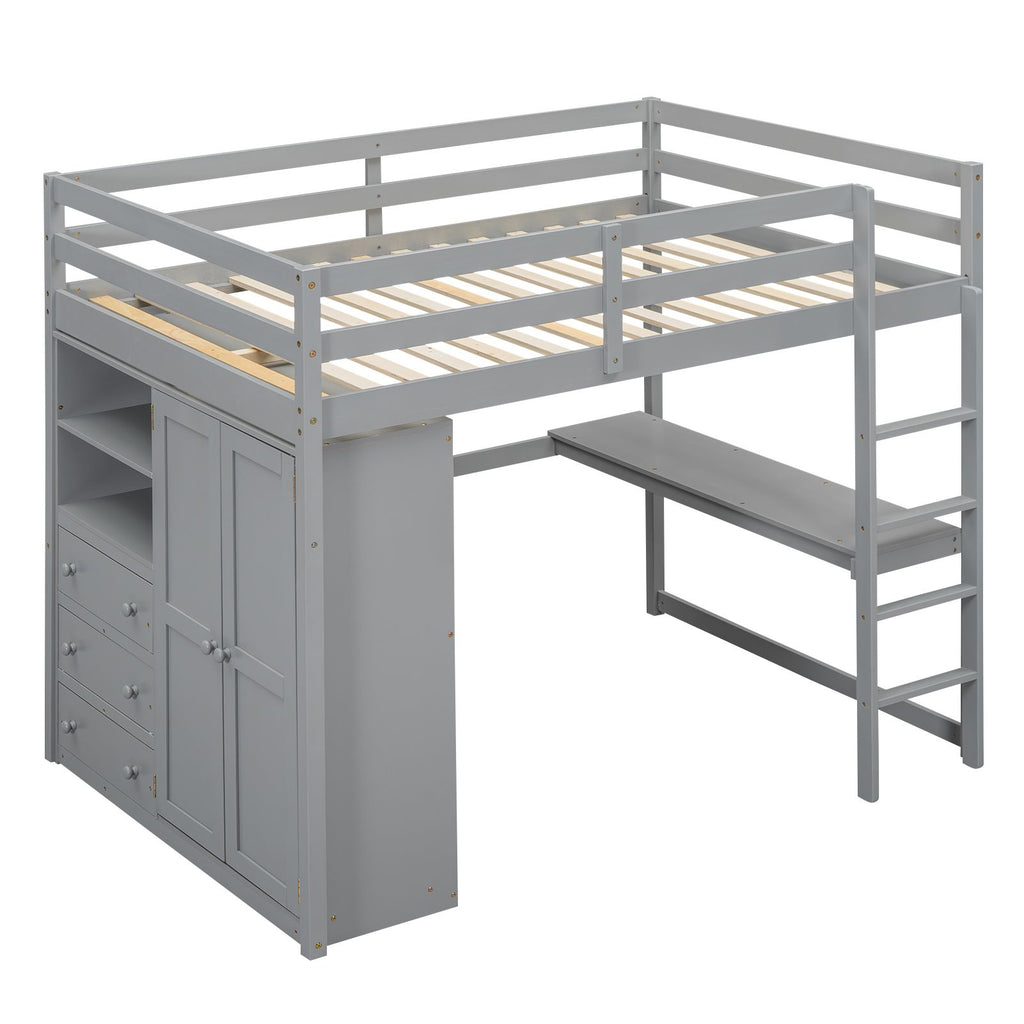 Full-Size Loft Bed with Wardrobe, Desk, Shelves, and Drawers