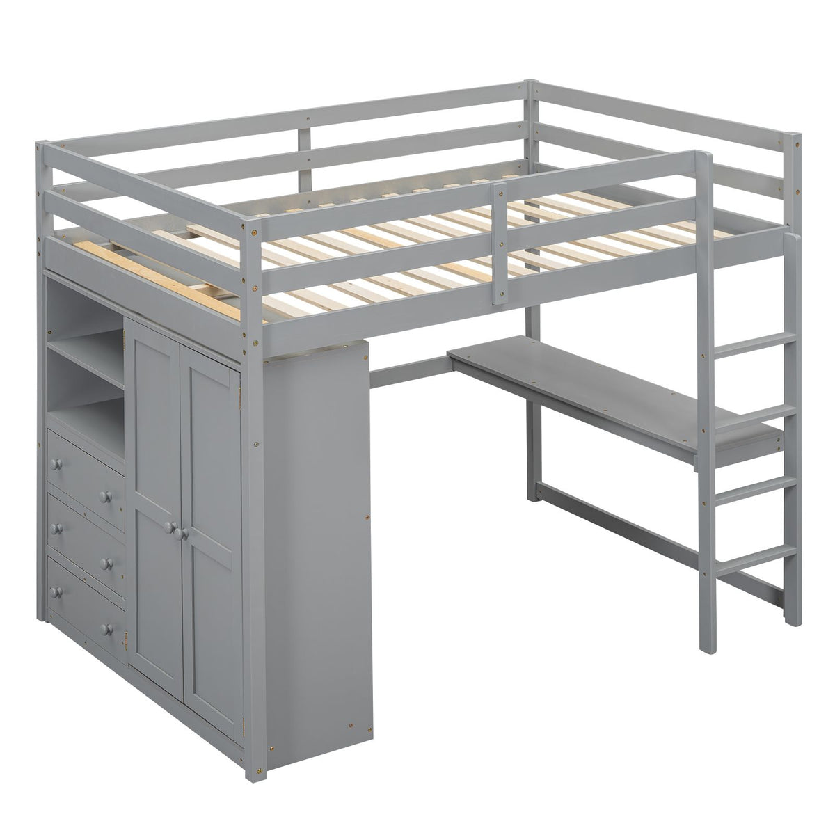 Full-Size Loft Bed with Wardrobe, Desk, Shelves, and Drawers