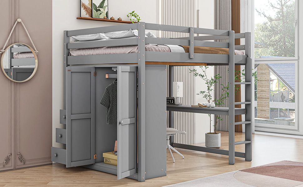 Full-Size Loft Bed with Wardrobe, Desk, Shelves, and Drawers