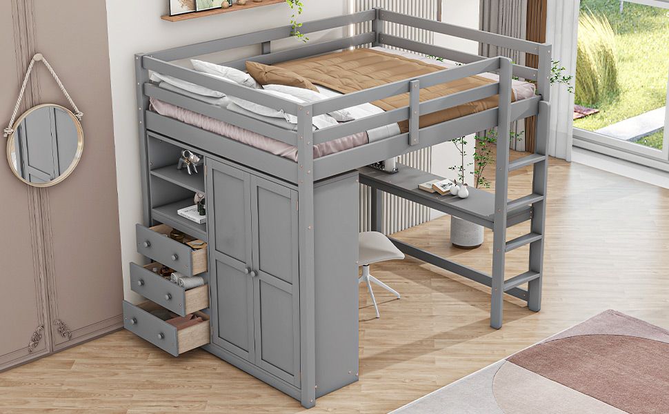 Full-Size Loft Bed with Wardrobe, Desk, Shelves, and Drawers