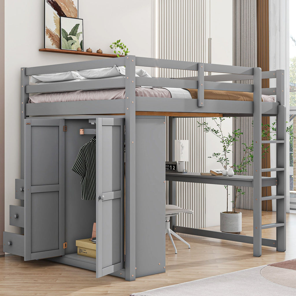 Full-Size Loft Bed with Wardrobe, Desk, Shelves, and Drawers