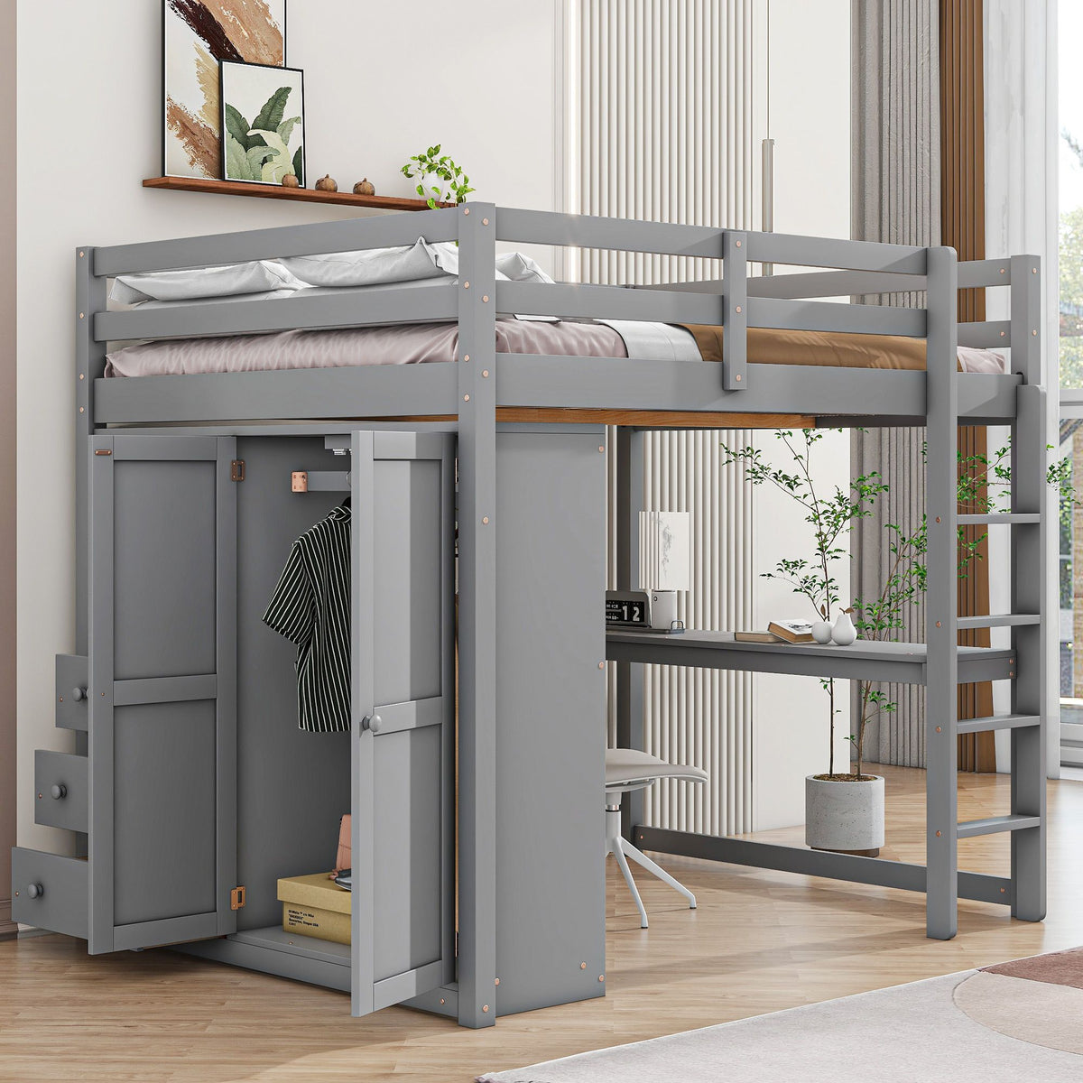 Full-Size Loft Bed with Wardrobe, Desk, Shelves, and Drawers