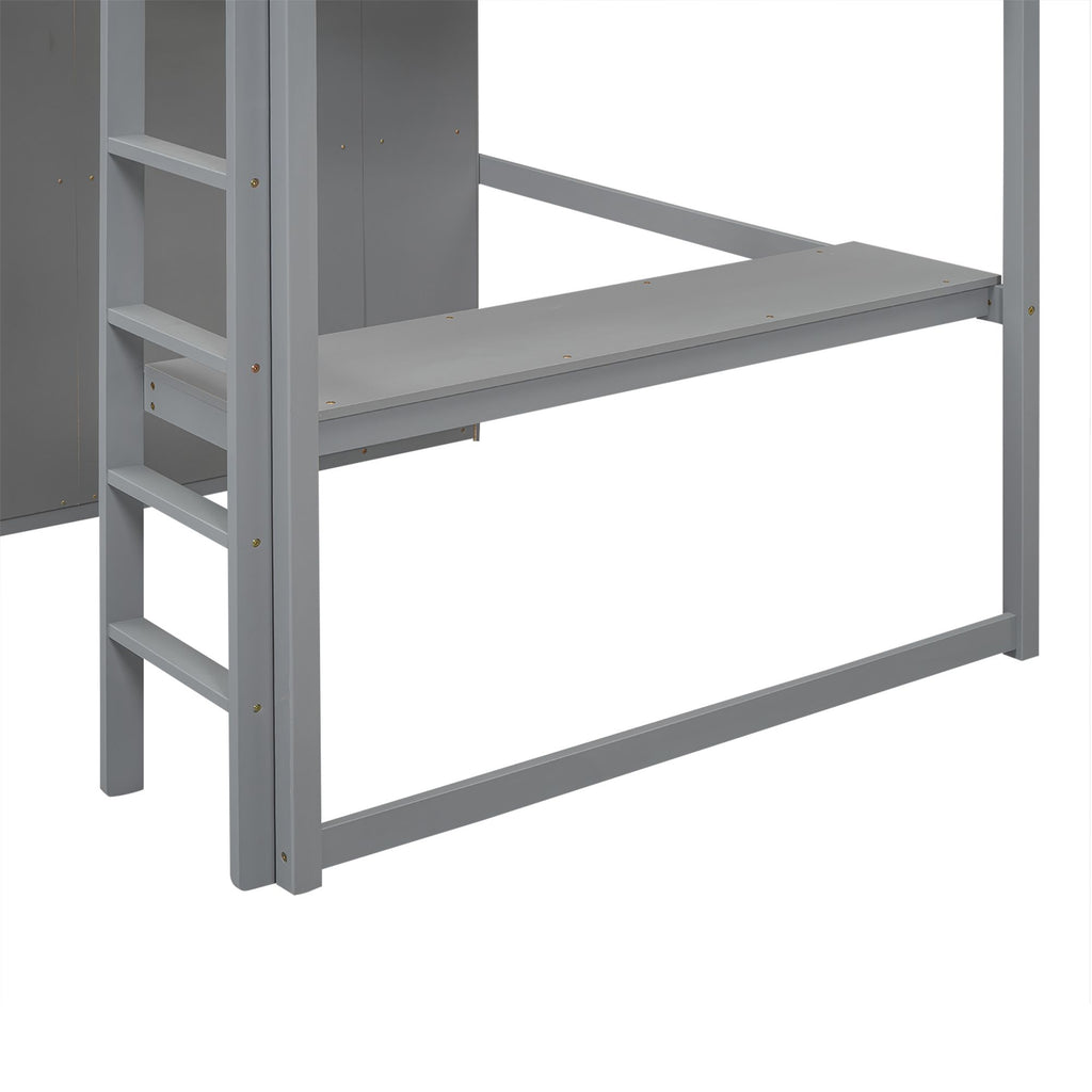 Full-Size Loft Bed with Wardrobe, Desk, Shelves, and Drawers