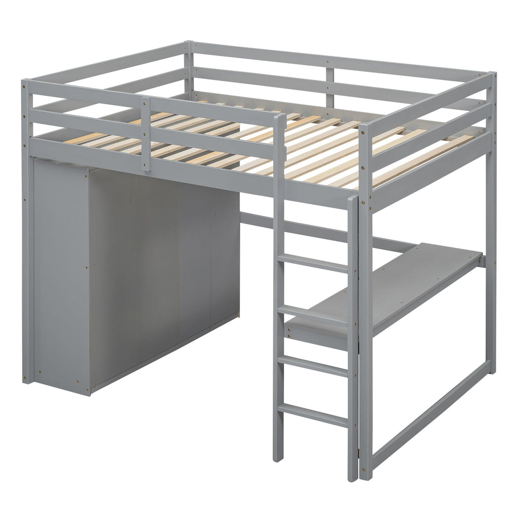 Full-Size Loft Bed with Wardrobe, Desk, Shelves, and Drawers