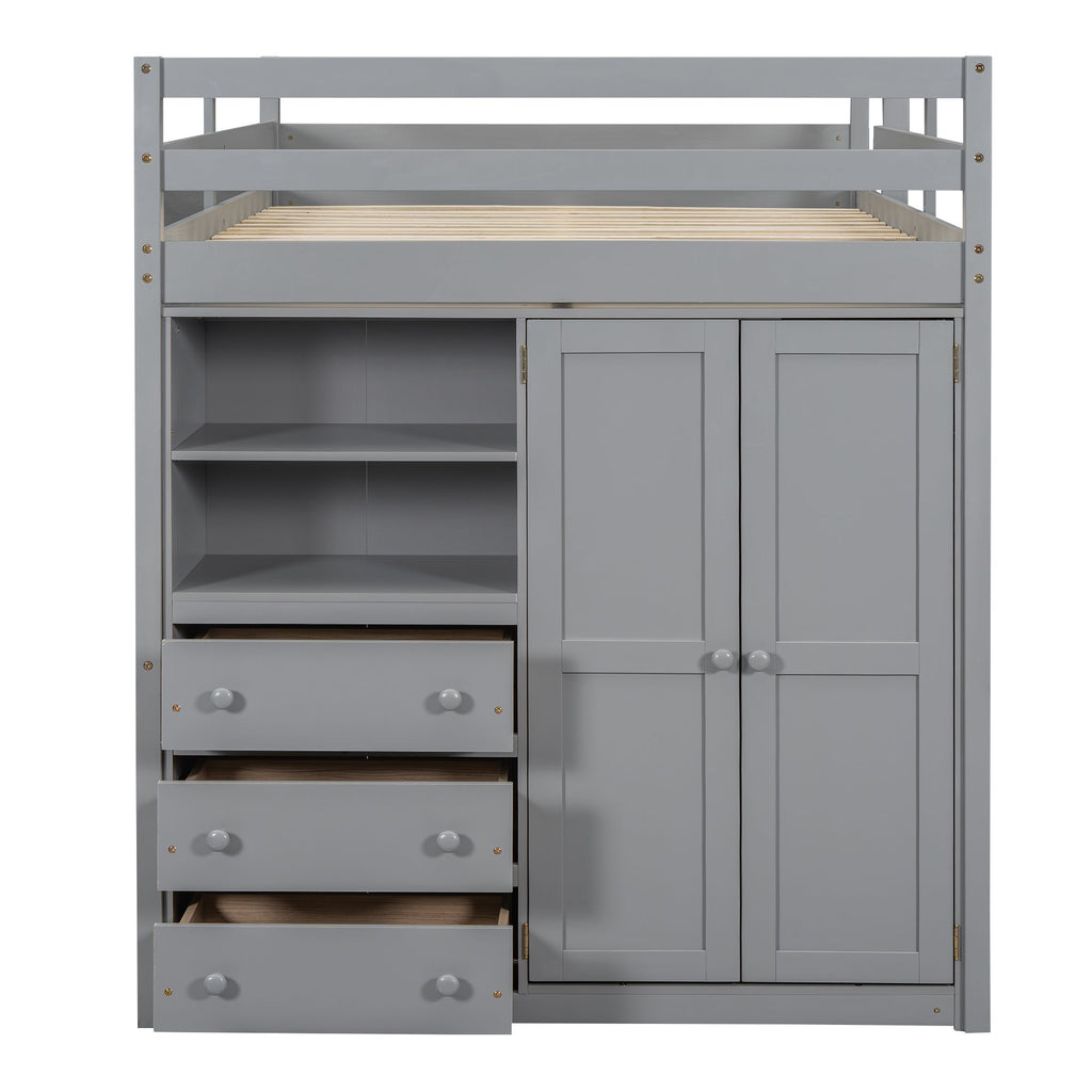 Full-Size Loft Bed with Wardrobe, Desk, Shelves, and Drawers