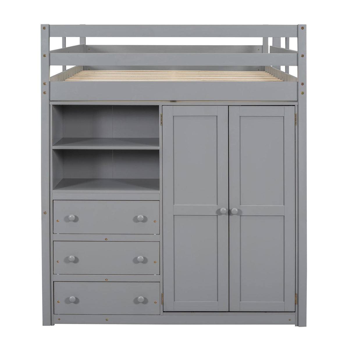 Full-Size Loft Bed with Wardrobe, Desk, Shelves, and Drawers