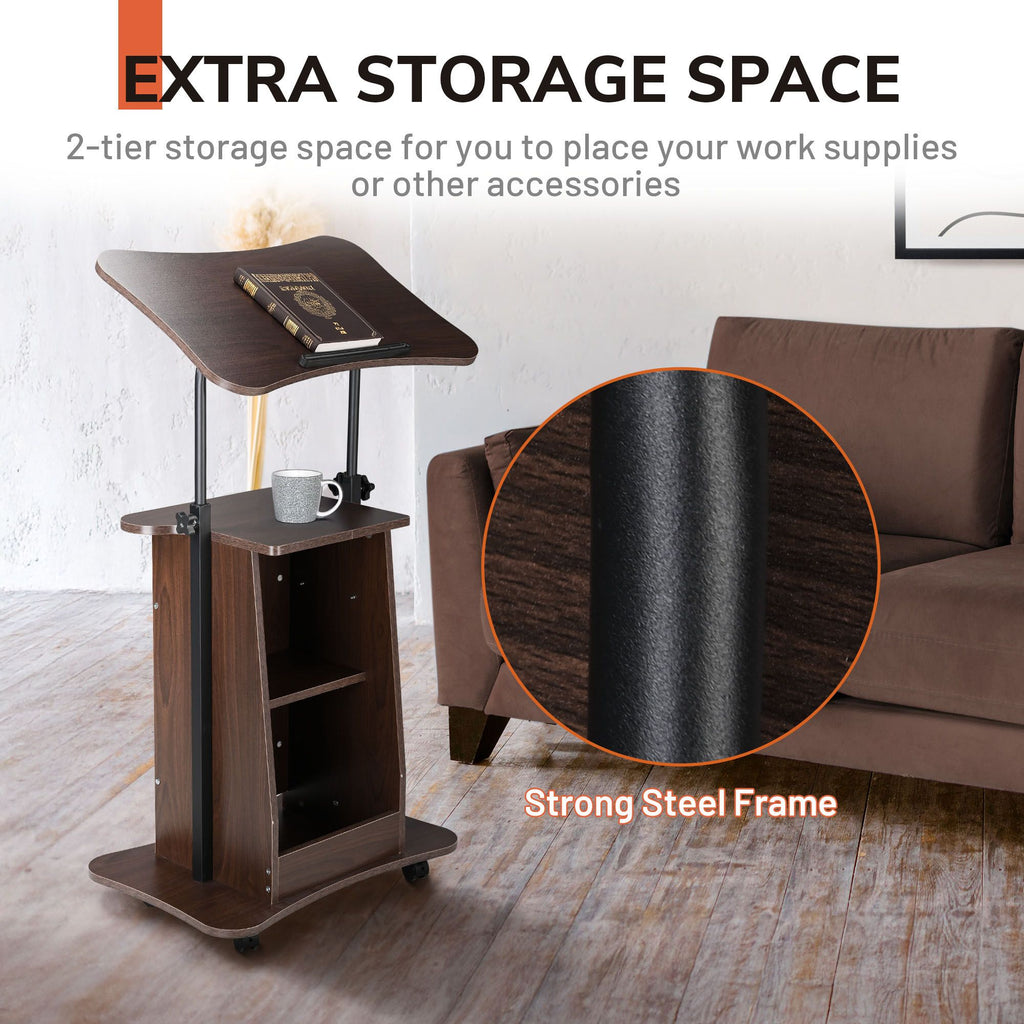 Adjustable Rolling Laptop Stand with Lockable Wheels and Storage Shelf