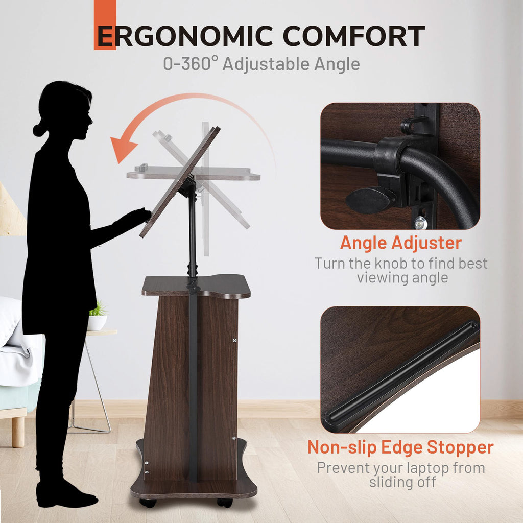 Adjustable Rolling Laptop Stand with Lockable Wheels and Storage Shelf