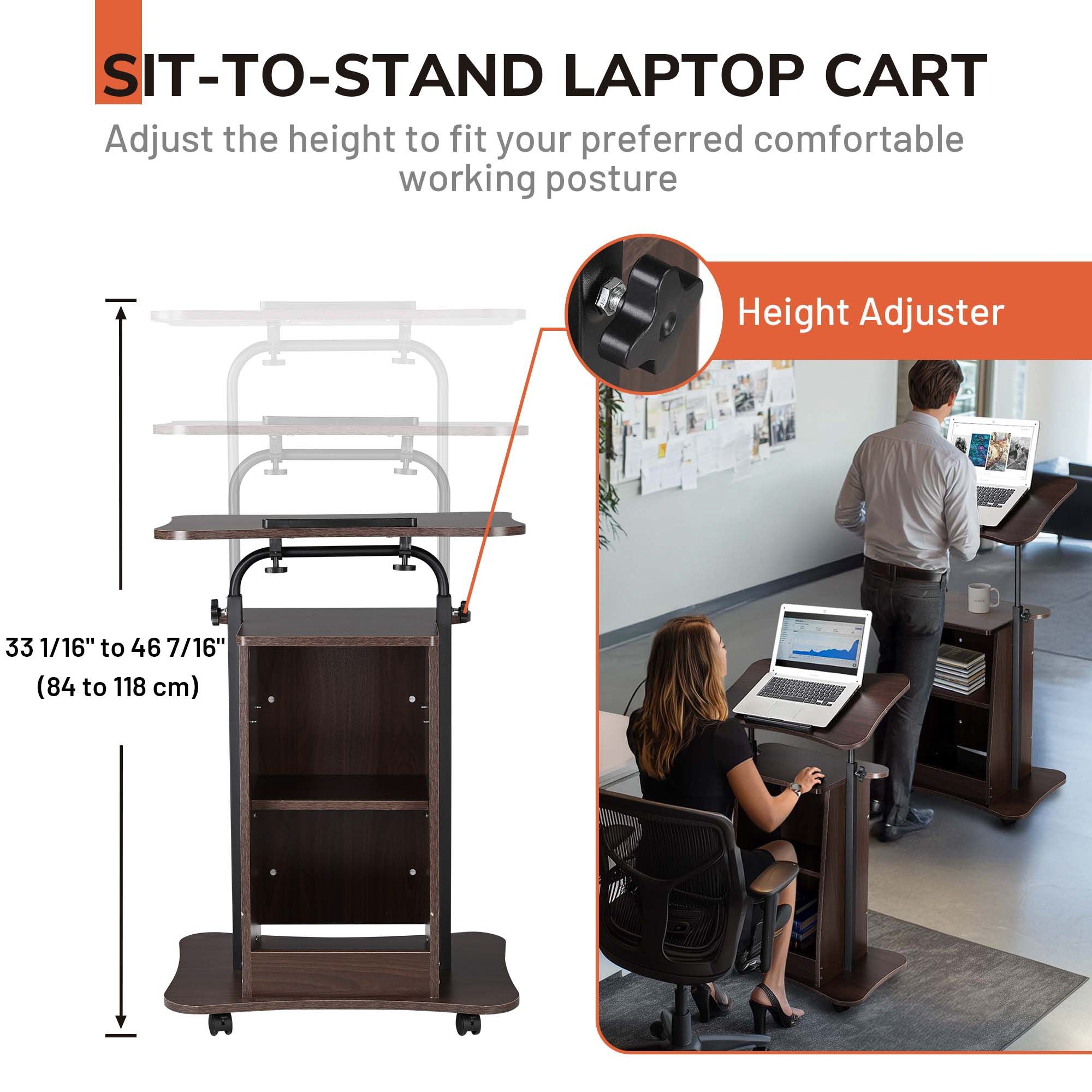 Adjustable Rolling Laptop Stand with Lockable Wheels and Storage Shelf