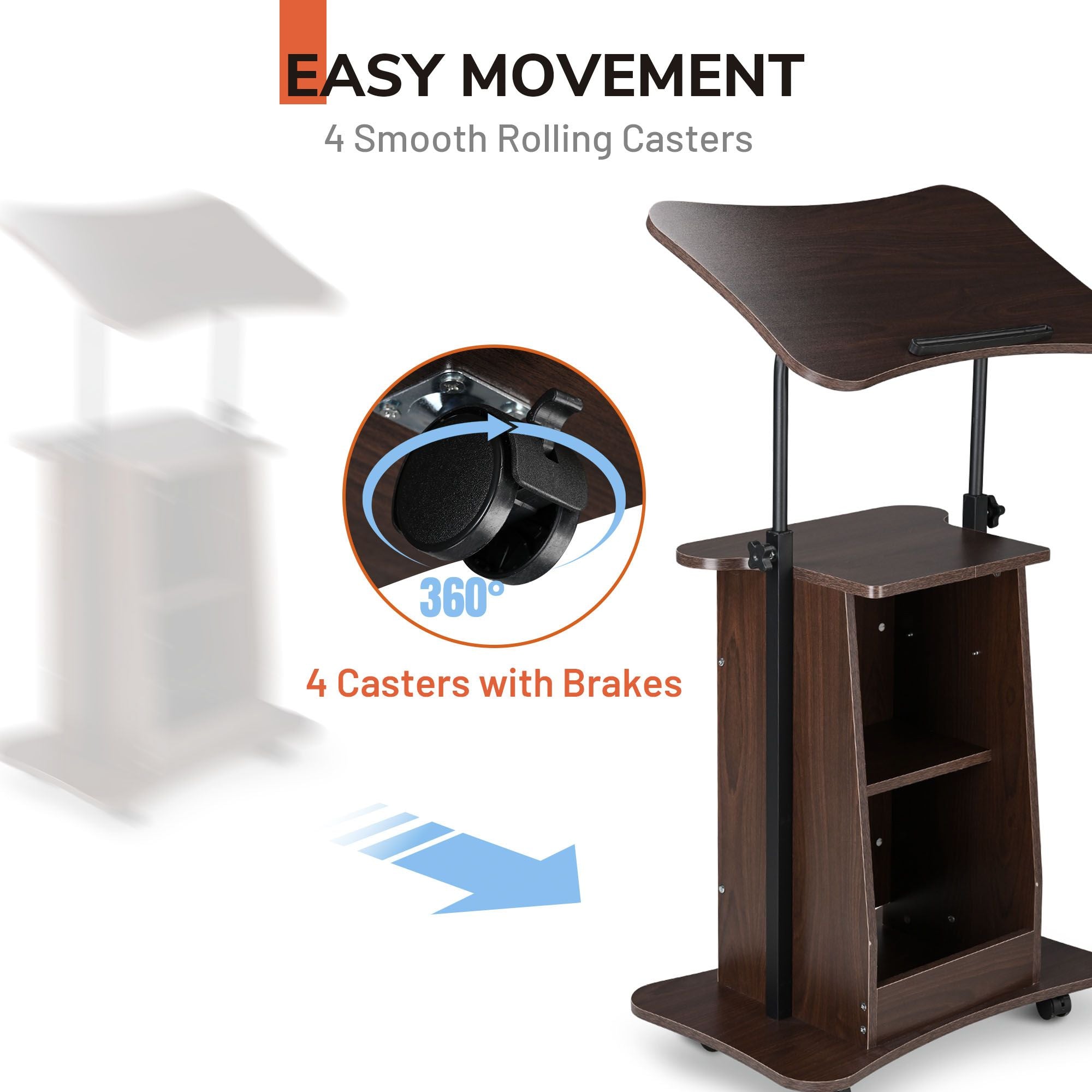 Adjustable Rolling Laptop Stand with Lockable Wheels and Storage Shelf