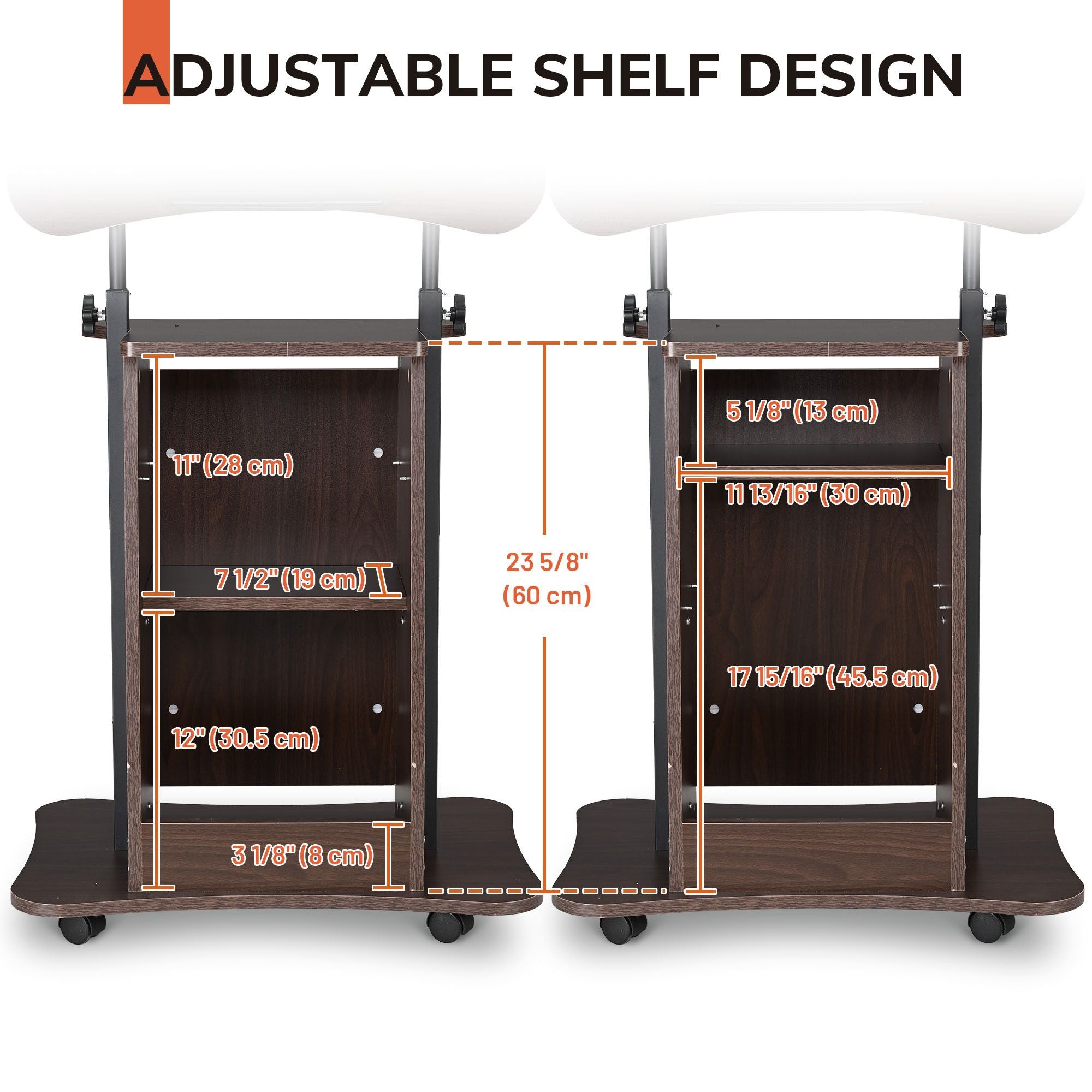 Adjustable Rolling Laptop Stand with Lockable Wheels and Storage Shelf