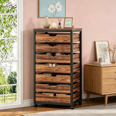 Wood Mobile File Cabinet with 5 Drawers Industrial Office Storage Unit with Casters for