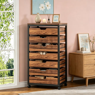 Wood Mobile File Cabinet with 5 Drawers Industrial Office Storage Unit with Casters for