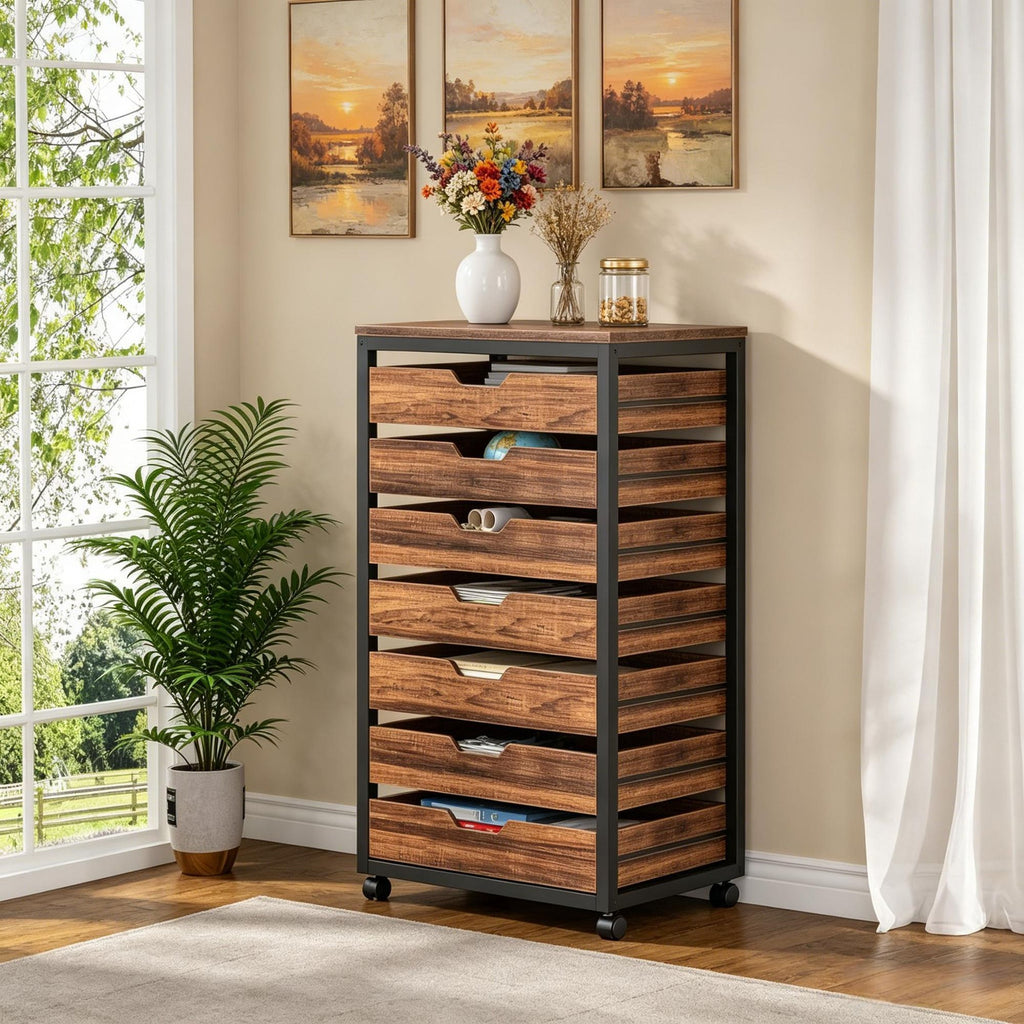Wood Mobile File Cabinet with 5 Drawers Industrial Office Storage Unit with Casters for