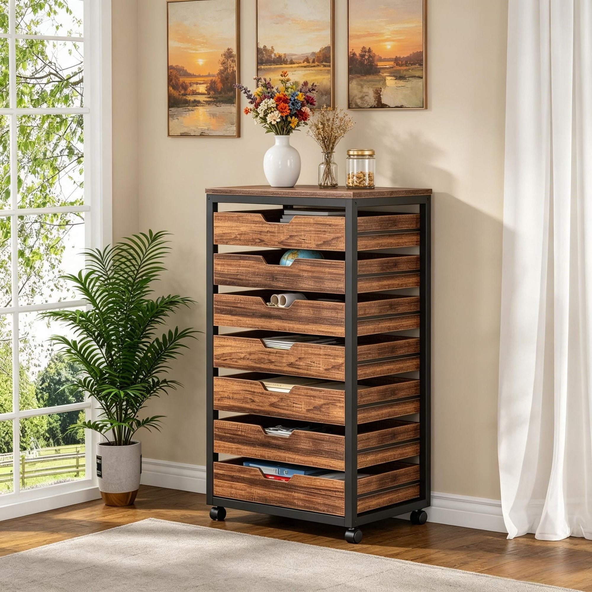 Wood Mobile File Cabinet with 5 Drawers Industrial Office Storage Unit with Casters for