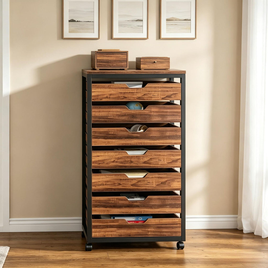 Wood Mobile File Cabinet with 5 Drawers Industrial Office Storage Unit with Casters for