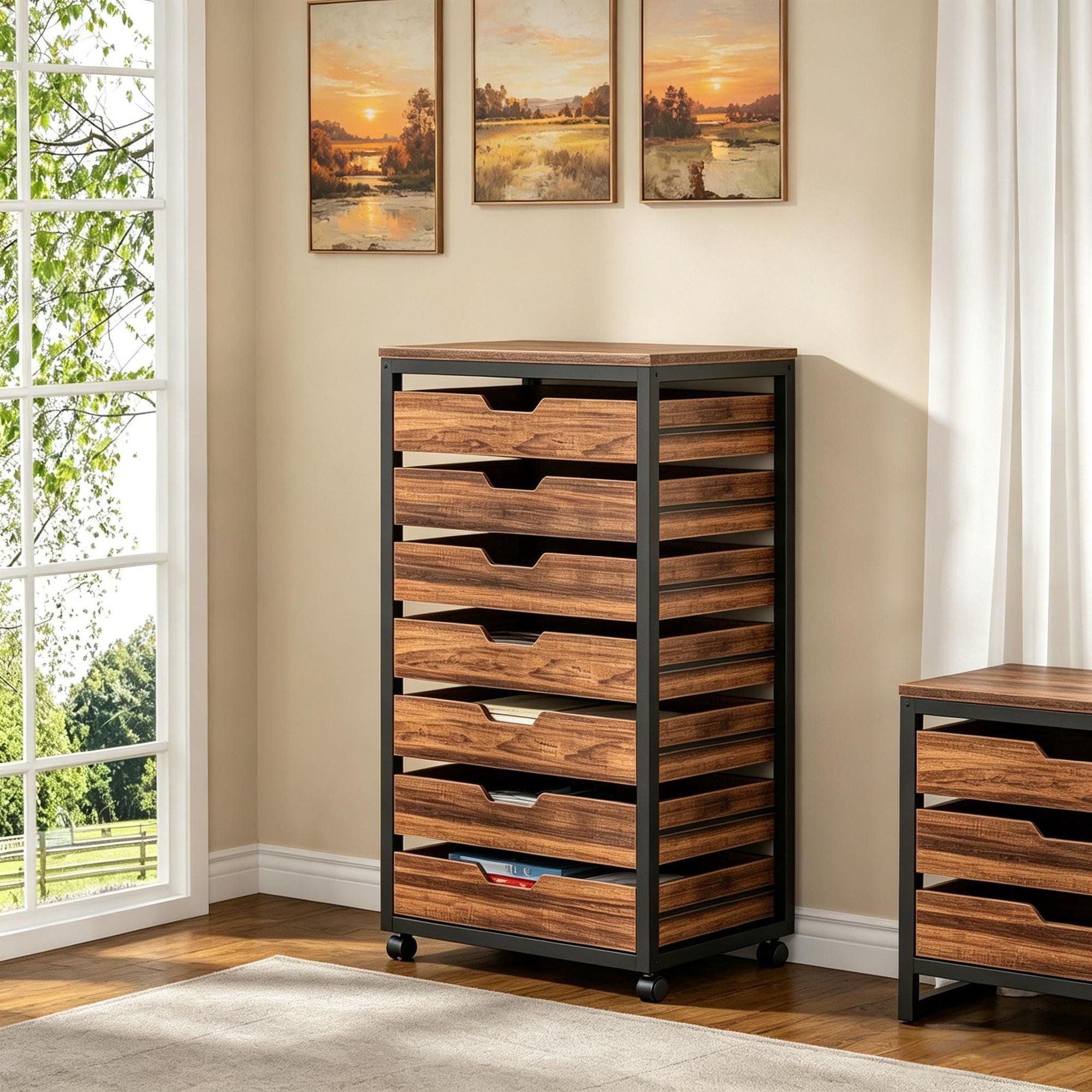 Wood Mobile File Cabinet with 5 Drawers Industrial Office Storage Unit with Casters for