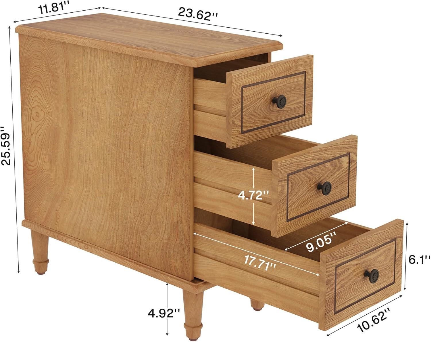 Wood Nightstand, Fully Assembled Narrow Side Table with 3 Drawers