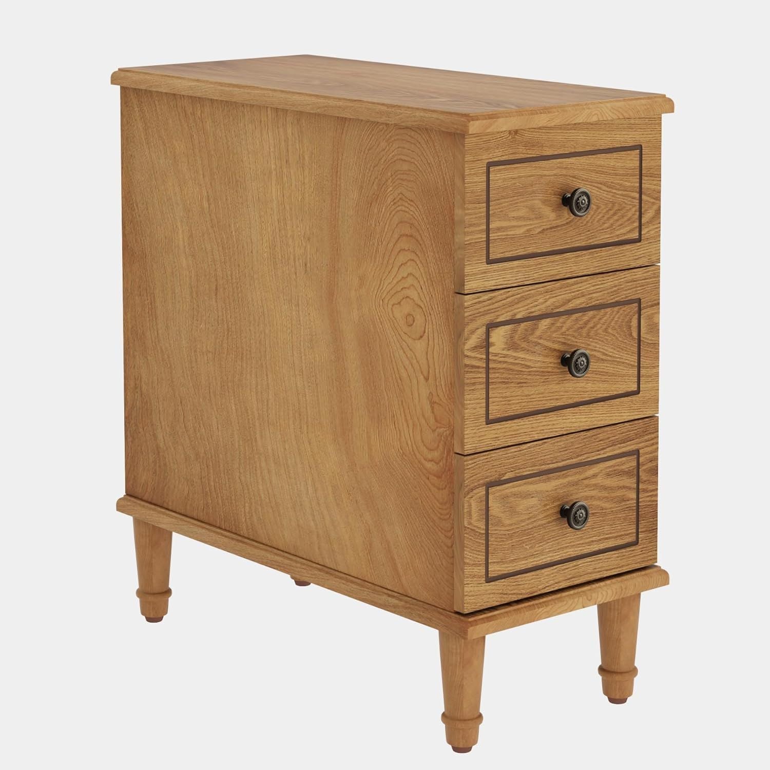 Wood Nightstand, Fully Assembled Narrow Side Table with 3 Drawers