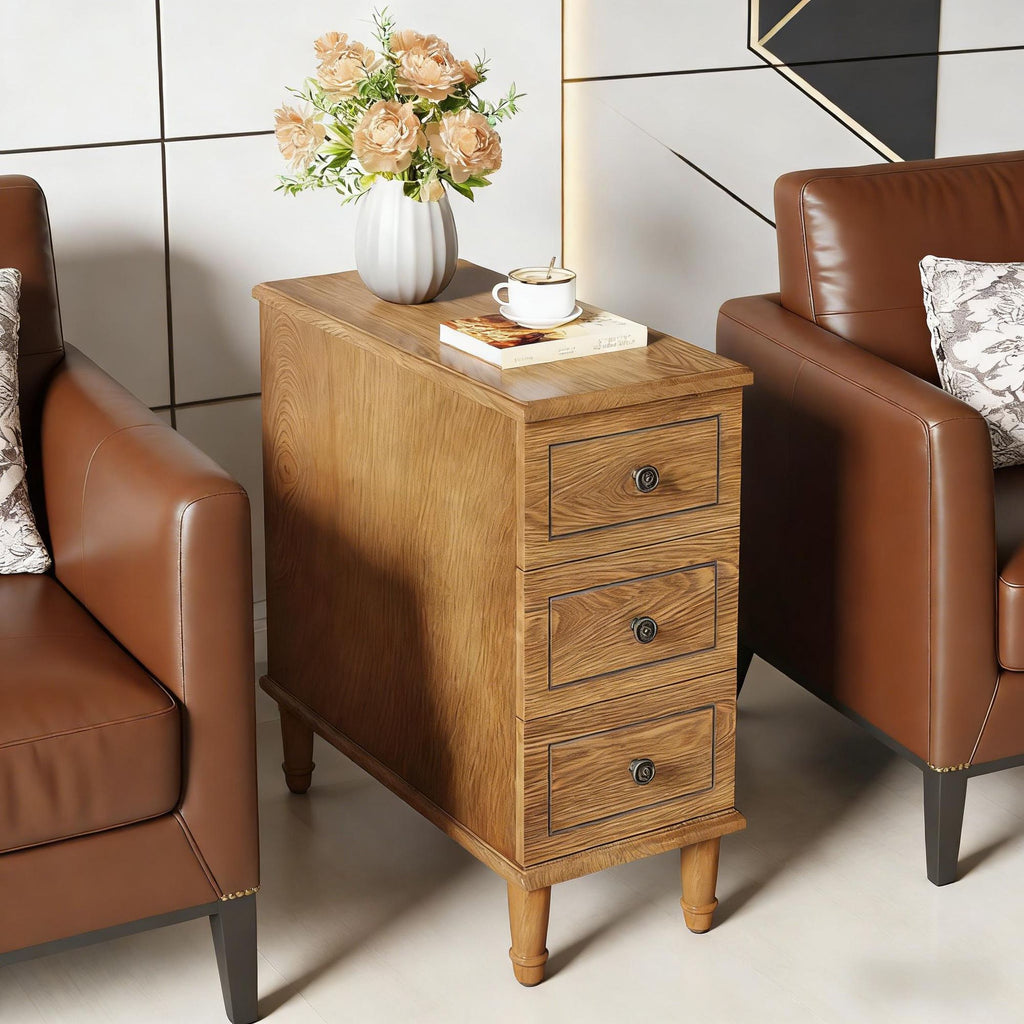 Wood Nightstand, Fully Assembled Narrow Side Table with 3 Drawers