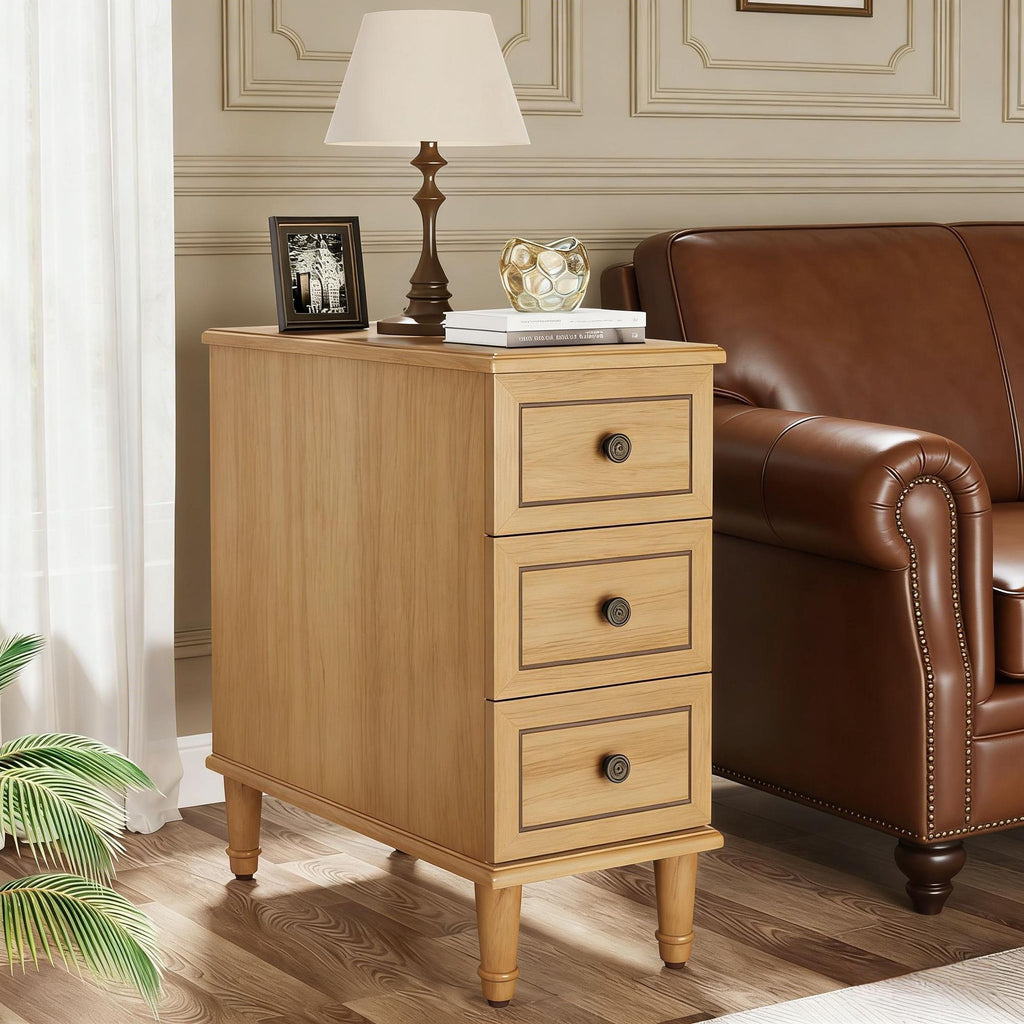 Wood Nightstand, Fully Assembled Narrow Side Table with 3 Drawers