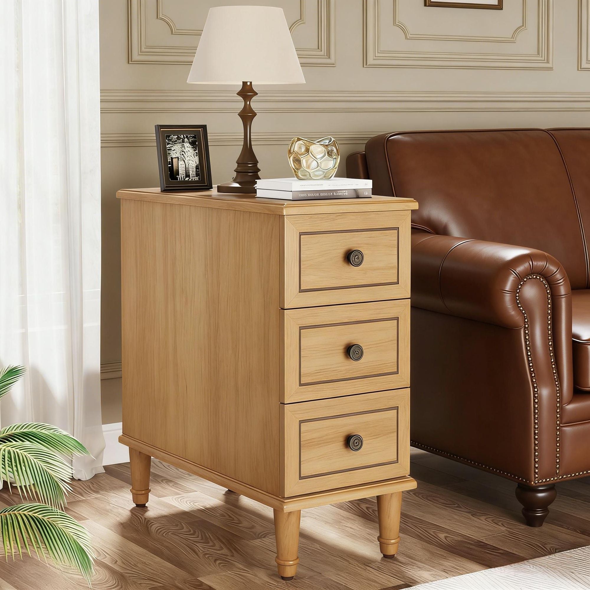 Wood Nightstand, Fully Assembled Narrow Side Table with 3 Drawers
